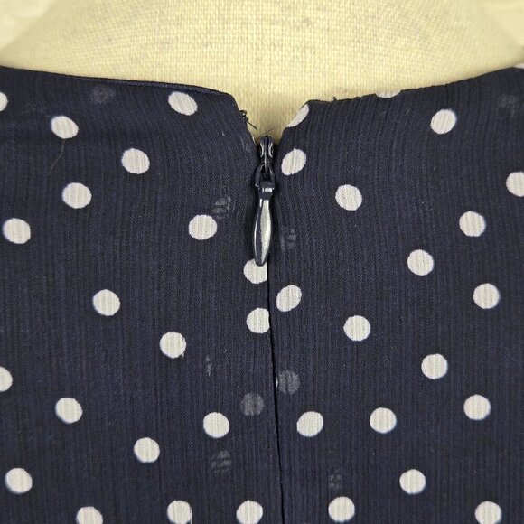 DKNY Size 4 Navy Blue Midi Dress White Polka Dots Vneck Sheer Ruched Sleeves - Picture 10 of 15